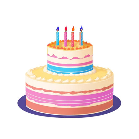 Happy birthday cake with candles, birthday flags, gifts, ribbons, balloons to celebrate anniversaryの写真素材