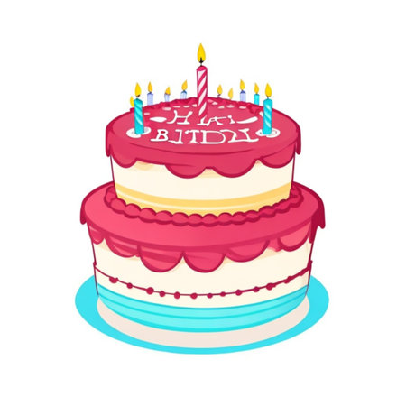 Happy birthday cake with candles, birthday flags, gifts, ribbons, balloons to celebrate anniversaryの写真素材