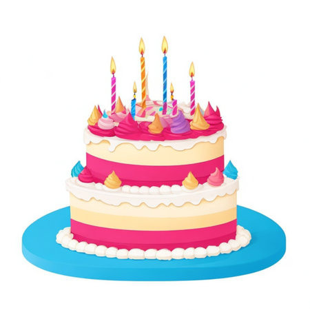 Happy birthday cake with candles, birthday flags, gifts, ribbons, balloons to celebrate anniversaryの写真素材
