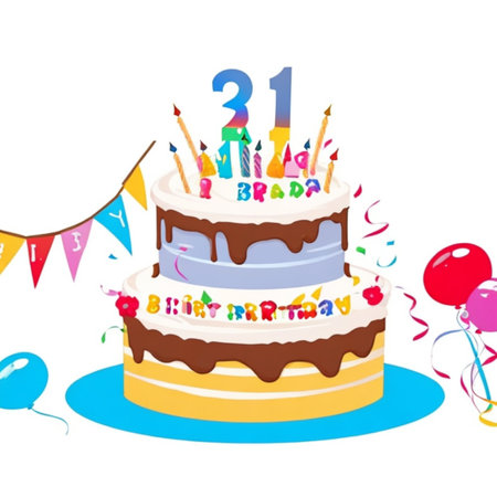 Happy birthday cake with candles, birthday flags, gifts, ribbons, balloons to celebrate anniversaryの写真素材
