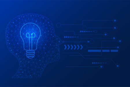 business man thinking idea of half head polygon with light bulb intellgence concepts on blue ...