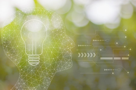 business man idea with blub light sketch, polygon head on blur backgroundの写真素材