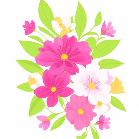 floral background with pink flowers and green leaves on a white backgroundの写真素材