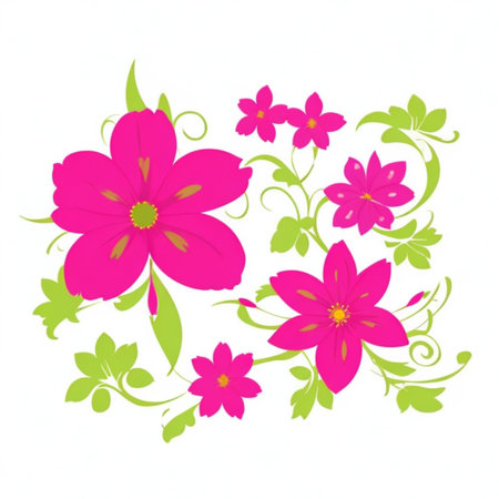 Floral pattern with pink flowers and green leaves on a white backgroundの写真素材