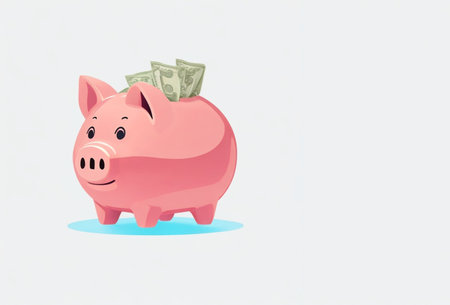 Saving money business concept with piggy bank, tree, coins, money, copy space on isolated white backgroundの写真素材
