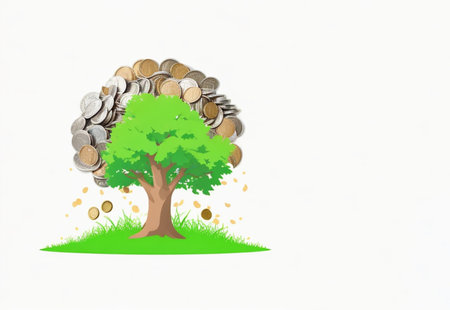 Saving money business concept with piggy bank, tree, coins, money, copy space on isolated white backgroundの写真素材