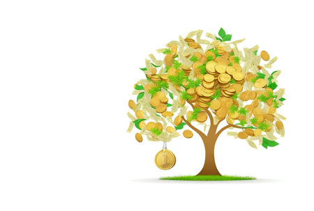 Saving money business concept with piggy bank, tree, coins, money, copy space on isolated white backgroundの写真素材