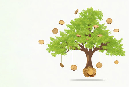 Saving money business concept with piggy bank, tree, coins, money, copy space on isolated white...