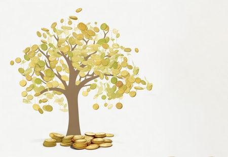 Saving money business concept with piggy bank, tree, coins, money, copy space on isolated white backgroundの写真素材