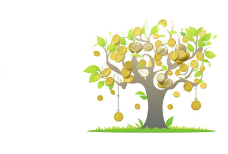 Saving money business concept with piggy bank, tree, coins, money, copy space on isolated white backgroundの写真素材