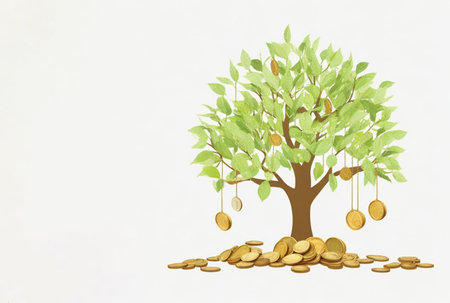 Saving money business concept with piggy bank, tree, coins, money, copy space on isolated white backgroundの写真素材