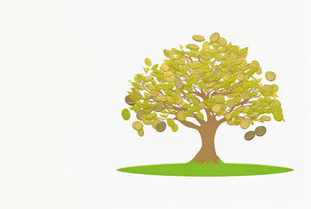 Saving money business concept with piggy bank, tree, coins, money, copy space on isolated white backgroundの写真素材