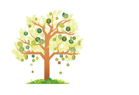 Saving money business concept with piggy bank, tree, coins, money, copy space on isolated white backgroundの写真素材