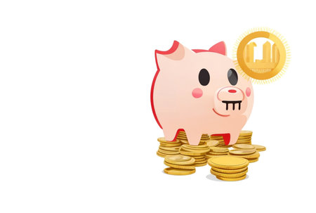 Saving money business concept with piggy bank, tree, coins, money, copy space on isolated white backgroundの写真素材