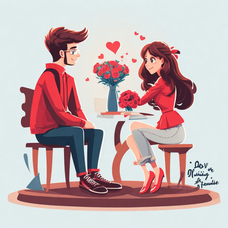 young cute couple in love romance time with gift box, flower, heart and roses cartoon styleの写真素材