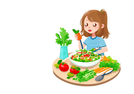 Girl with vegetable salad on the table. Vector illustration in cartoon style.の写真素材