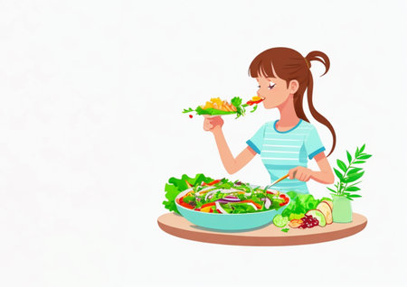 Girl eating healthy salad. Vector illustration in cartoon style on white background.の写真素材