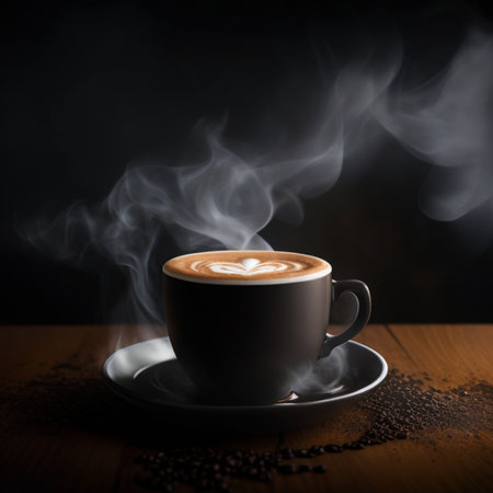 cup of hot black coffee with smoke on wooden table on dark background generative by AIの写真素材