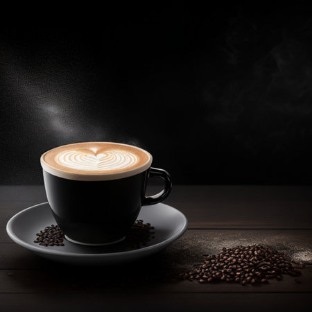 cup of hot black coffee with smoke on wooden table on dark background generative by AI