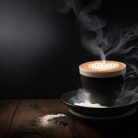 cup of hot black coffee with smoke on wooden table on dark background generative by AIの写真素材