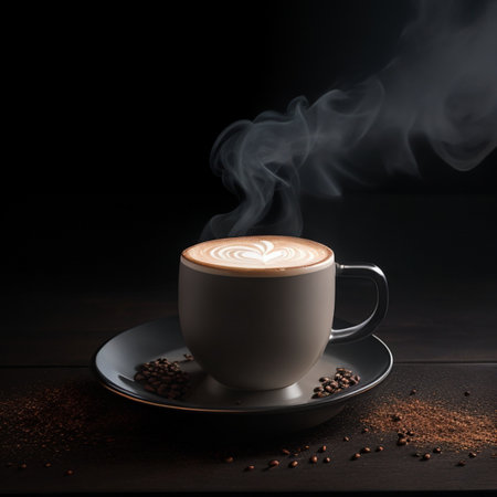 cup of hot black coffee with smoke on wooden table on dark background generative by AIの写真素材