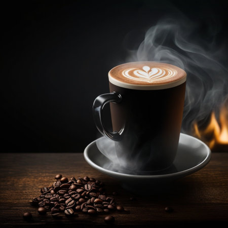 cup of hot black coffee with smoke on wooden table on dark background generative by AIの写真素材
