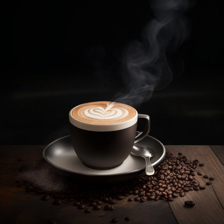 cup of hot black coffee with smoke on wooden table on dark background generative by AIの写真素材