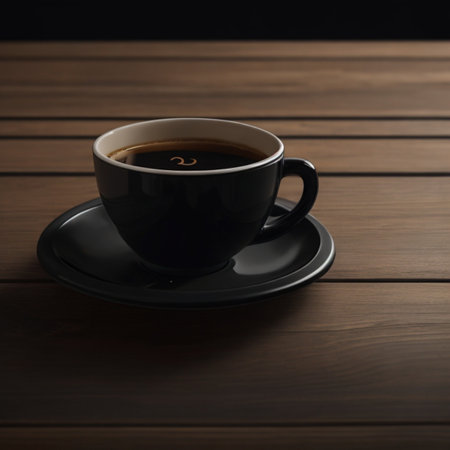 cup of hot black coffee with smoke on wooden table on dark background generative by AIの写真素材