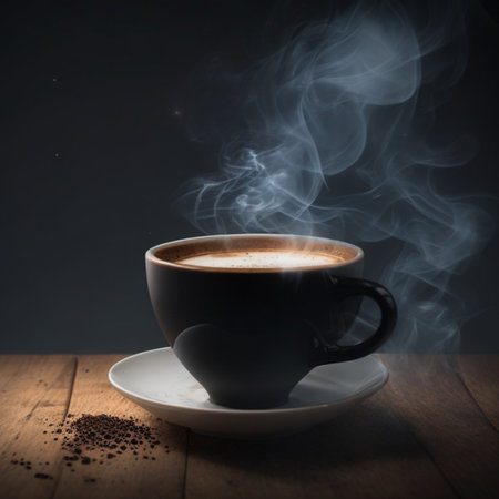 cup of hot black coffee with smoke on wooden table on dark background generative by AIの写真素材