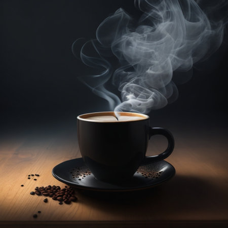 cup of hot black coffee with smoke on wooden table on dark background generative by AIの写真素材