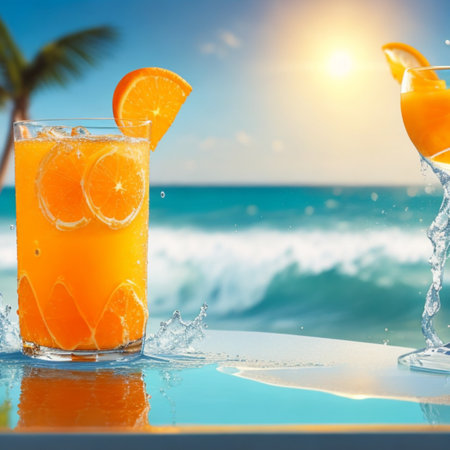 A glass of fresh orange juice to drink, water splashes on table at beach sea as background generates by AIの写真素材