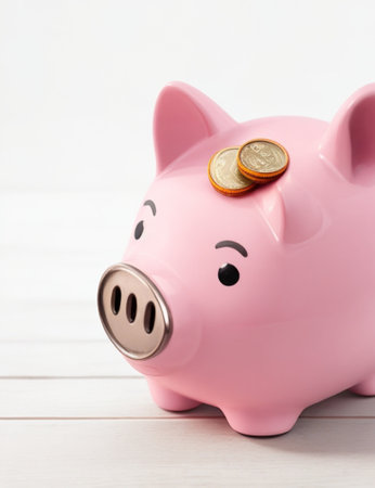 Saving money business concept with piggy bank, tree, coins, money, copy space on isolated white backgroundの素材