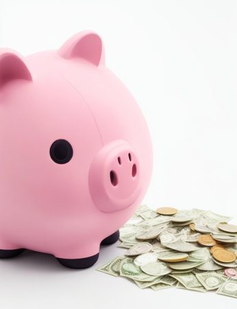 Saving money business concept with piggy bank, tree, coins, money, copy space on isolated white backgroundの素材