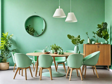 Interior of modern dining room with green walls and round table with green chairsの素材