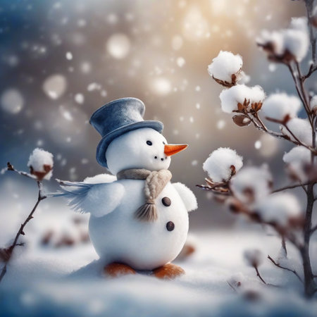 Snowman with hat and scarf on winter background. Christmas card.の素材