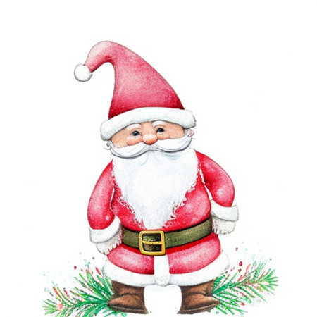 watercolor drawing of santa claus with christmas tree on white backgroundの素材