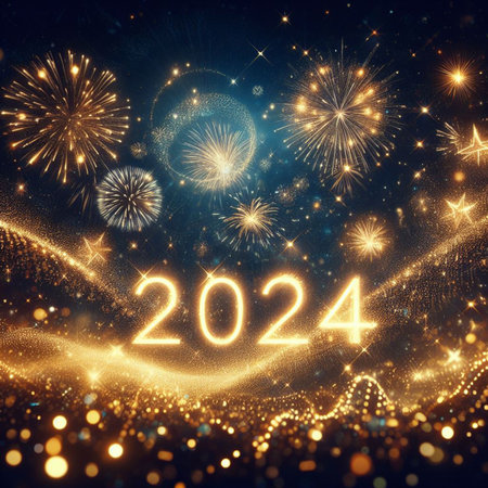 happy new year 2024 with beautiful sparkling, fireworks and star particles on blurred green bokeh texture backgroundの素材