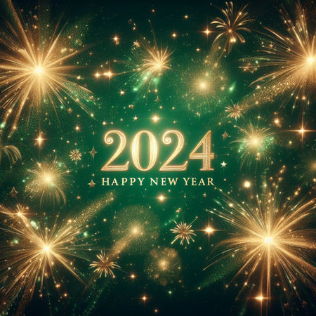happy new year 2024 with beautiful sparkling, fireworks and star particles on blurred green bokeh texture backgroundの素材