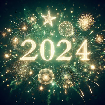 happy new year 2024 with beautiful sparkling, fireworks and star particles on blurred green bokeh texture backgroundの素材