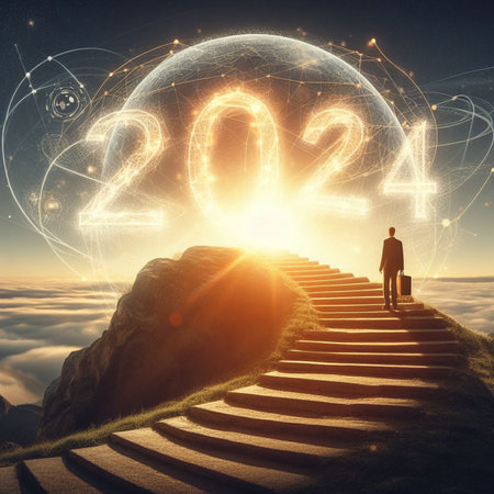 Businessman walking up stairway to the top of the hill with sunlight or dayray businesss concept of 2024の素材