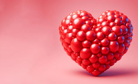 two big red shiny heart. Bright beautiful 3D heart shape on romantic Valentines Day on pink background copy space for textの素材
