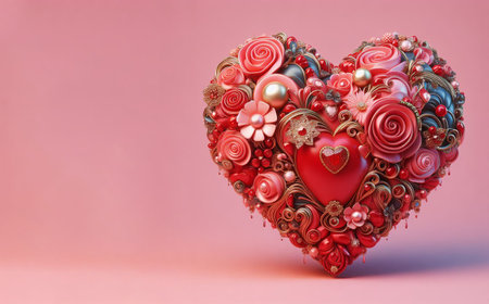 two big red shiny heart. Bright beautiful 3D heart shape on romantic Valentines Day on pink background copy space for textの素材