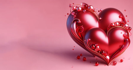 two big red shiny heart. Bright beautiful 3D heart shape on romantic Valentines Day on pink background copy space for textの素材