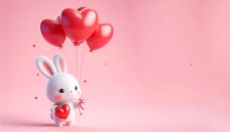 cute baby bunny holds red heart with balloons floating it the sky on valentine dayの素材