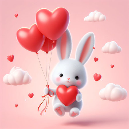 Cute white rabbit with red heart balloons and clouds on pink backgroundの素材