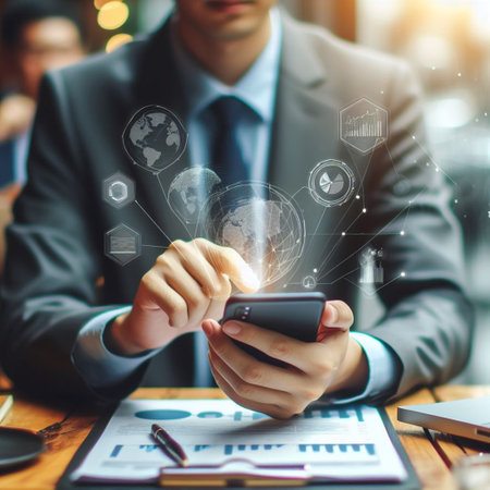 Business man using smartphone to touch virtual screen with social media iconsの素材