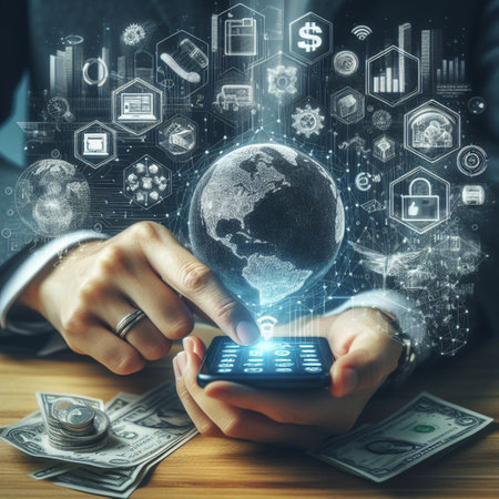 Business man using smartphone to touch virtual screen with social media iconsの素材