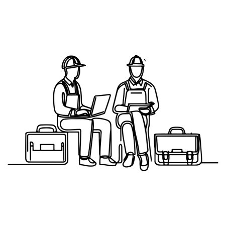 Happy Labour Day worker man wearing hard hat ontinuous one line draw design  black outline drawing Labor Day icon concept sketch of the workers doodle styleのイラスト素材