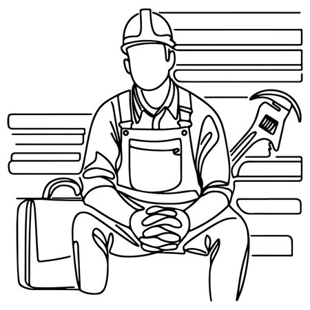 Happy Labour Day worker man wearing hard hat ontinuous one line draw design  black outline drawing Labor Day icon concept sketch of the workers doodle styleのイラスト素材