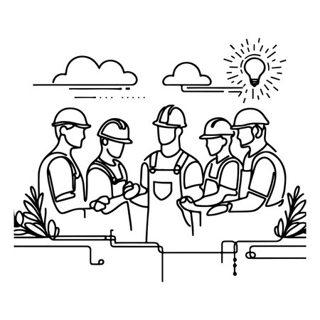 Happy Labour Day worker man wearing hard hat ontinuous one line draw design  black outline drawing Labor Day icon concept sketch of the workers doodle styleのイラスト素材